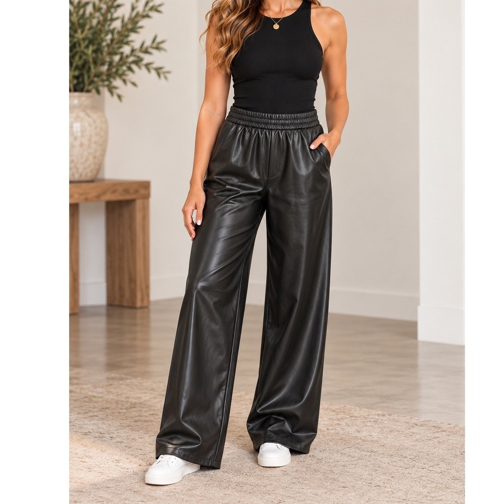 H&M Divided Faux Leather Wide Leg Pants Black Elastic Waist Pockets Edgy Chic S